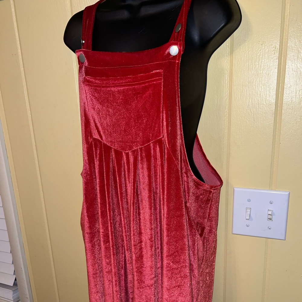 Red Velvet Wide-Leg Chic Boho Bib Jumpsuit Overalls With Silver Buttons Size L - Picture 7 of 13